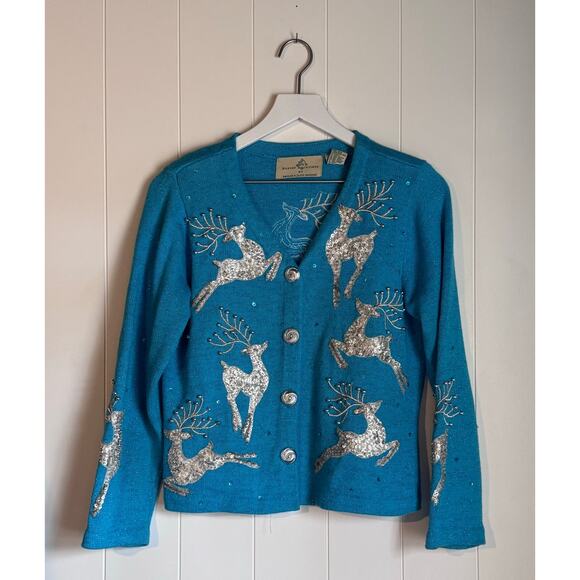Susan Bristol Holiday Cardigan Vintage Reindeer Embellished Sweater Small - Picture 3 of 12